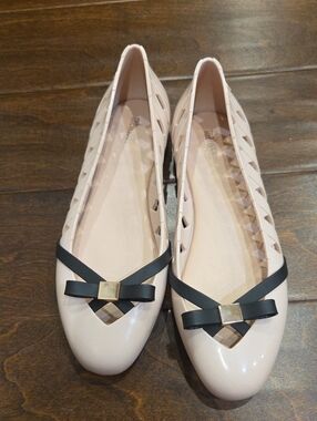 Melissa Women's Nude Pink Ballet Flats with Black Bow Accent